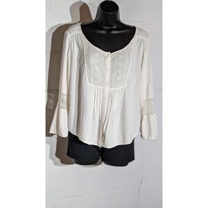 American Eagle Lace Panel Boho Blouse Bell Long Sleeves Button Down Top Small